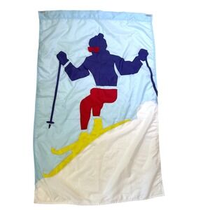 Vintage 80s Festival Flags Skier Nylon Banner Large Flag Blue Embroidered Winter